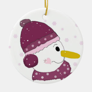 Ornement Rond En Céramique Bonhomme de neige avec chapeau violet et écharpe