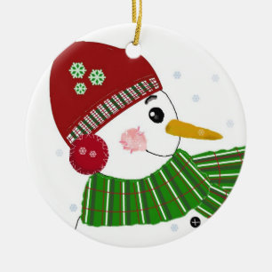 Ornement Rond En Céramique Bonhomme de neige en chapeau rouge et écharpe vert