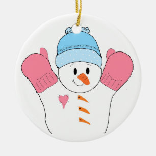 Ornement Rond En Céramique Bonhomme de neige heureux en mitaines roses