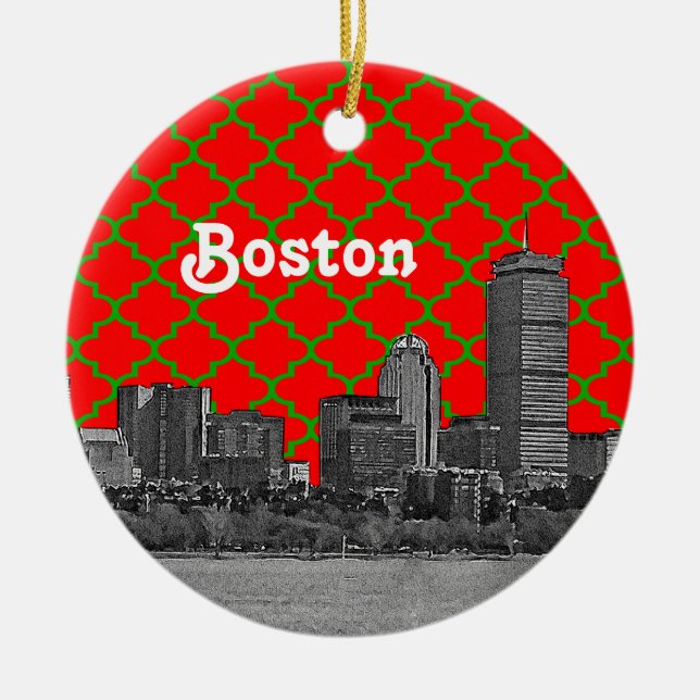 Ornement Rond En Céramique Boston Skyline Green Red Quatrefoil BG Xmas (Devant)