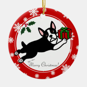 Ornement Rond En Céramique Boston Terrier Noël 2 Cartogrammes Snowflakes