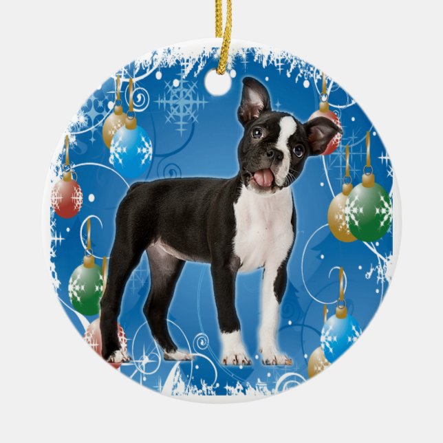 ORNEMENT ROND EN CÉRAMIQUE BOSTON TERRIER ORNAMENT DE NOËL (Devant)