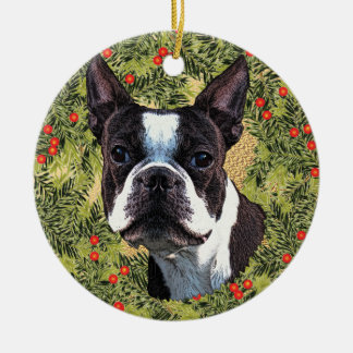 Ornement Rond En Céramique Boston Terrier Wreath