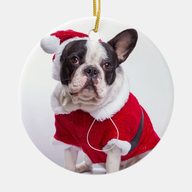 Ornement Rond En Céramique Bouledogue français dans le costume de Père Noël (Devant)