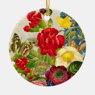 Ornement Rond En Céramique Bouquet vintage de fleur avec des papillons