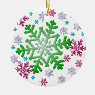 Ornement Rond En Céramique Burgundy Blue Green & Silver Snowflakes