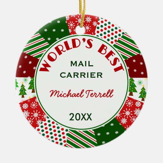 Ornement Rond En Céramique Cadeau de Noël de personne de courrier ou de (Devant)