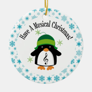 Ornement Rond En Céramique Cadeau musical de pingouin de musique de Noël
