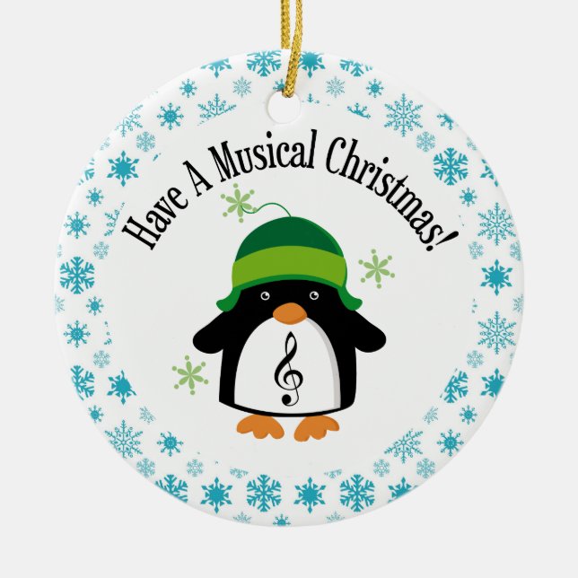 Ornement Rond En Céramique Cadeau musical de pingouin de musique de Noël (Devant)