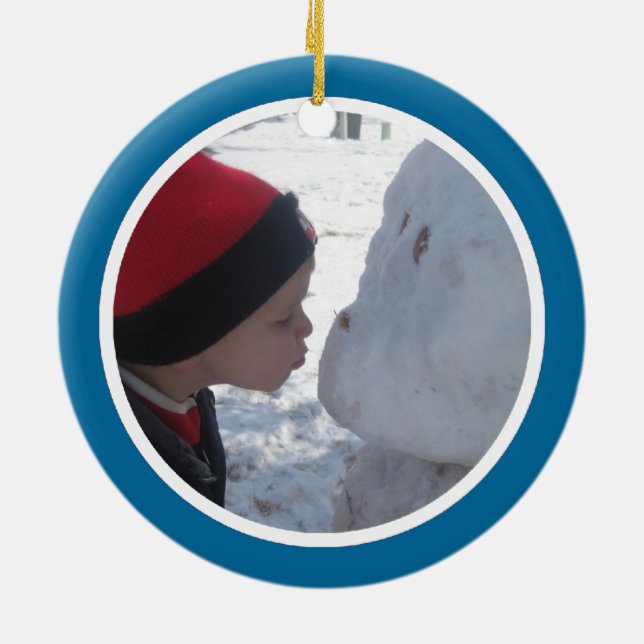 Ornement Rond En Céramique Cadre bleu et blanc de photo - bilatéral (Dos)