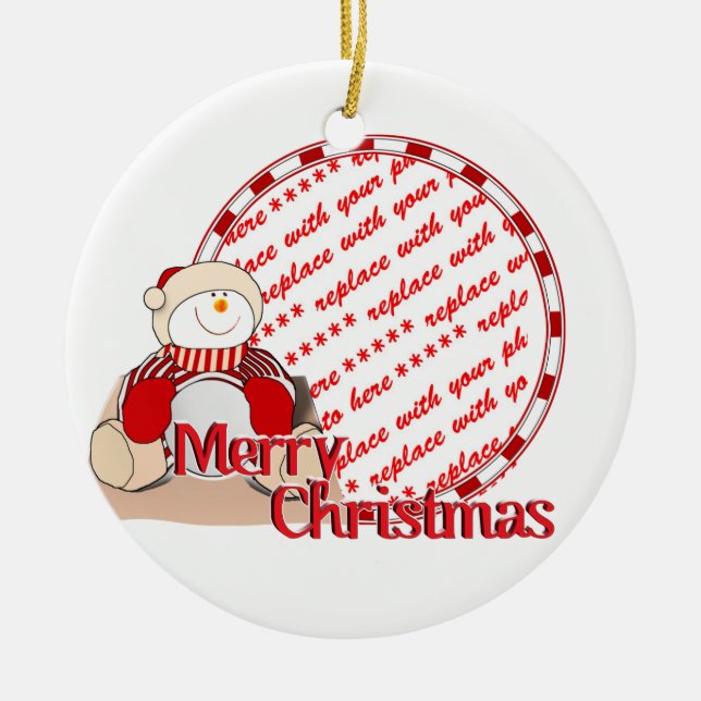 Ornement Rond En Céramique Cadre photo de Noël du bonhomme de neige mignon (Devant)