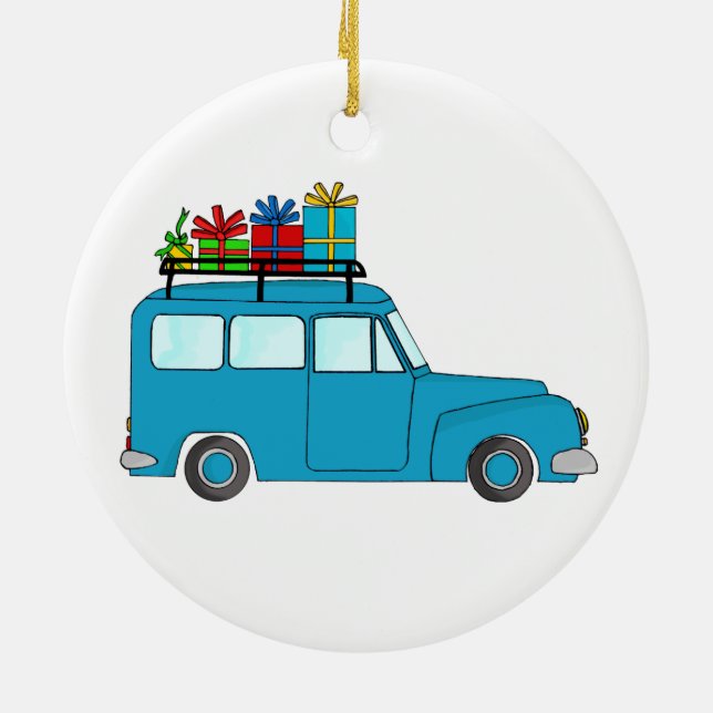 Ornement Rond En Céramique Camion de Noël bleu avec cadeaux (Dos)