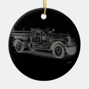 Ornement Rond En Céramique camion de pompiers vintage dessiné à la main inver