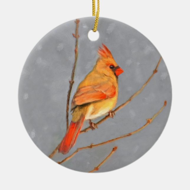 Ornement Rond En Céramique Cardinal sur la peinture de branche - Art original (Devant)