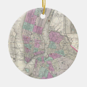 Ornement Rond En Céramique Carte Vintage de NYC et Brooklyn (1866)
