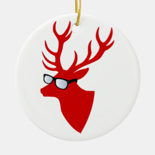 Ornement Rond En Céramique Cerfs communs rouges de Noël avec les verres nerd