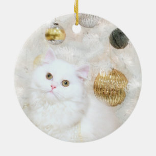 Ornement Rond En Céramique Chat blanc et sapin blanc de Noël