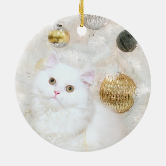 Ornement Rond En Céramique Chat blanc et sapin blanc de Noël (Dos)