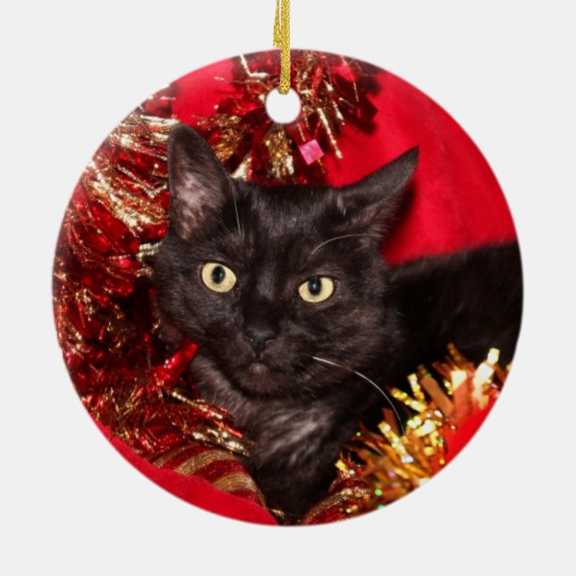Ornement Rond En Céramique Chat chaton noir Noël (Dos)
