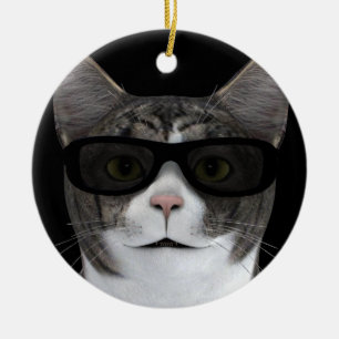 Ornement Rond En Céramique Chat cool Avec Lunettes De Soleil Noir