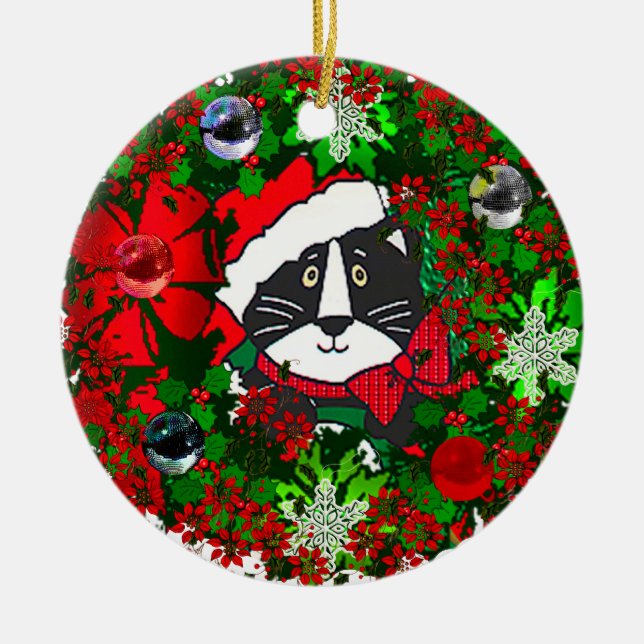 Ornement Rond En Céramique Chat de Noël (Devant)