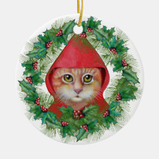 Ornement Rond En Céramique Chat de Noël peu d'ornement rouge de capuchon