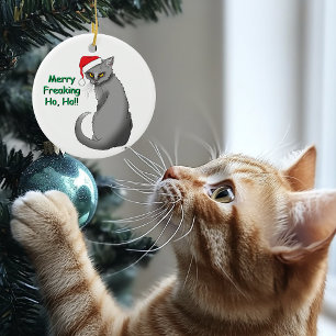 Ornement Rond En Céramique Chat Gris Drôle Grognon Noël Humour Fêtes