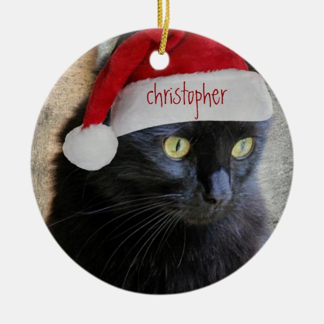 Ornement Rond En Céramique Chat mignon de Noël, dos noir, nom (Devant)