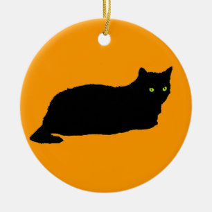 Ornement Rond En Céramique Chat noir sur Orange