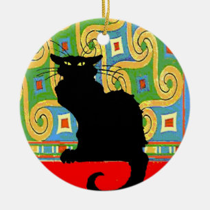 Ornement Rond En Céramique Chat noir sur papier peint Abstrait