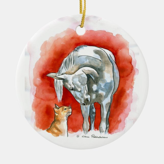 Ornement Rond En Céramique Cheval et chat (Devant)