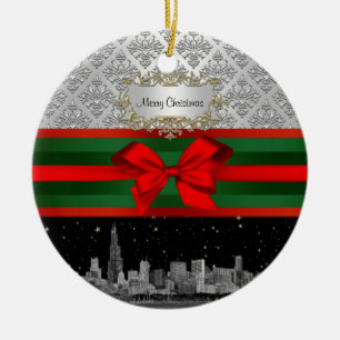 Ornement Rond En Céramique Chicago Skyline Argent Blanc Damassé #3 Nœud Xmas