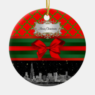 Ornement Rond En Céramique Chicago Skyline, Quatrefoil Rouge Vert Noël