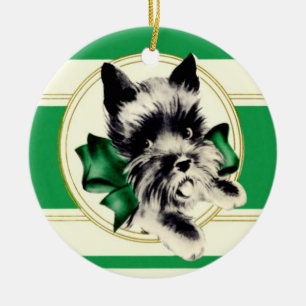 Ornement Rond En Céramique Chien écossais Terrier écossais avec arc vert
