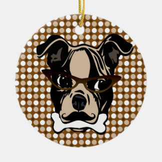 Ornement Rond En Céramique Chien mignon avec la moustache, les lunettes et