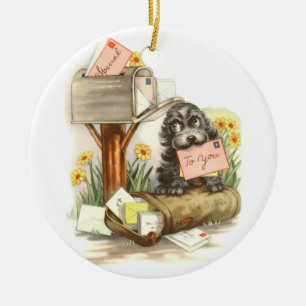 Ornement Rond En Céramique Chiot vintage Shaggy avec courrier