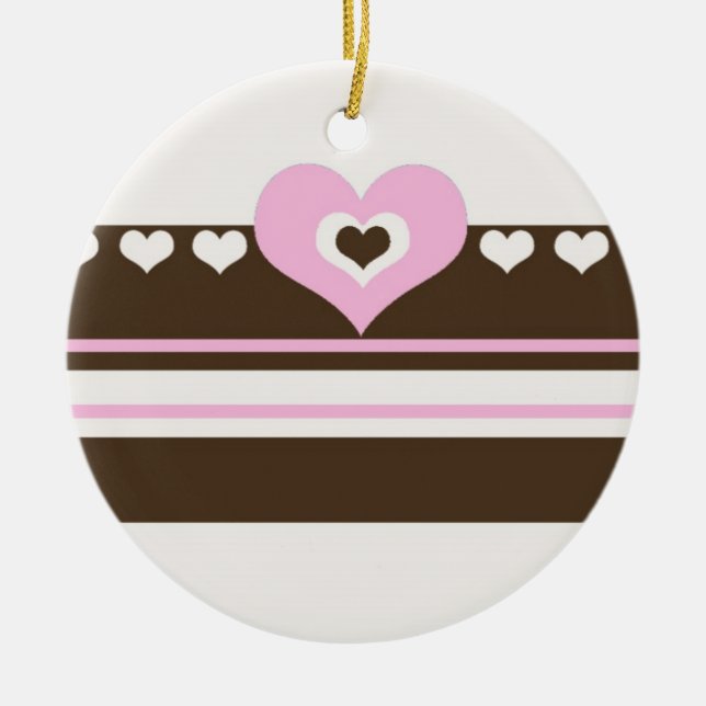 Ornement Rond En Céramique Chocolate Brown and Pink Heart Stripe (Devant)