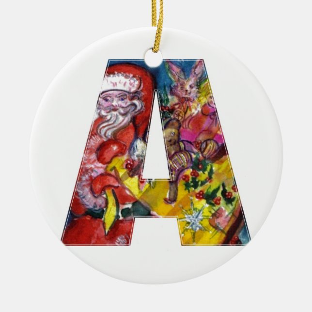 ORNEMENT ROND EN CÉRAMIQUE CHRISTMAS A LETTER  / SANTA  WITH GIFTS MONOGRAM (Devant)