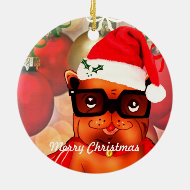 Ornement Rond En Céramique Christmas Bulldog sur un arrière - plan de noël (Dos)
