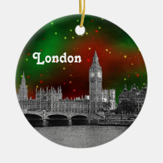 Ornement Rond En Céramique Ciel de Londres Gravé, Ciel Étoilé Rouge Vert Noël
