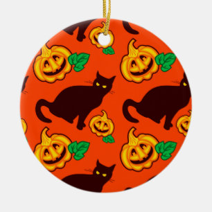 Ornement Rond En Céramique Citrouilles de Halloween et chat noir
