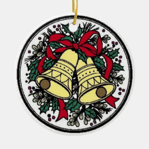 Ornement Rond En Céramique Cloches, vaches et Holly -