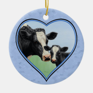 Ornement Rond En Céramique Coeur bleu de Vache Holstein et de veau mignon