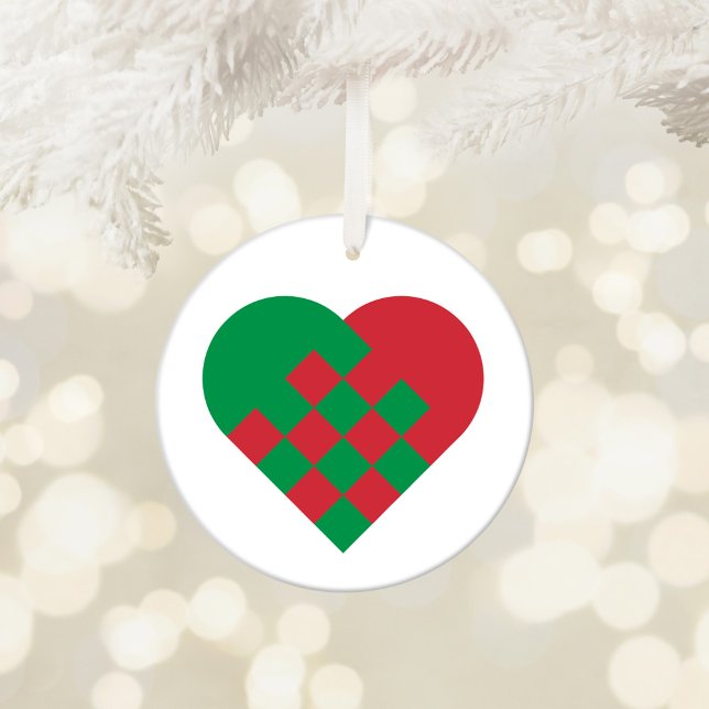 Ornement Rond En Céramique Coeur danois rouge et vert (Red and Green Danish Heart Ceramic Ornament)