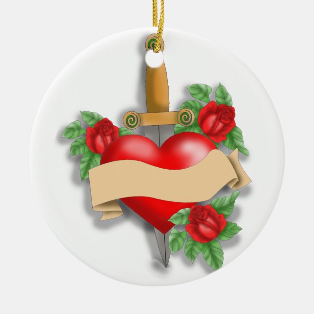 Ornement Rond En Céramique Coeur fait sur commande de tatouage (Devant)