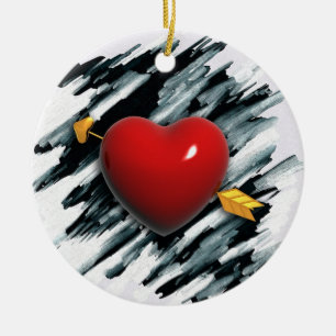 Ornement Rond En Céramique Coeur rouge avec peinture Arrière - plan aquarelle