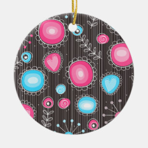 Ornement Rond En Céramique Coeurs et fleurs rose et bleu Whimsical