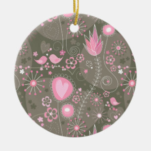 Ornement Rond En Céramique Coeurs Whimsical rose et gris, oiseaux et fleurs