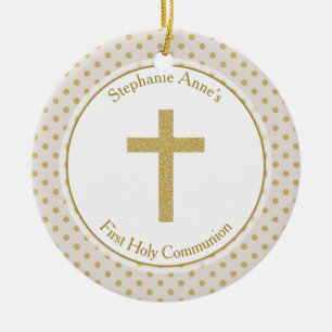Ornement Rond En Céramique Communion beige avec Pois d'or