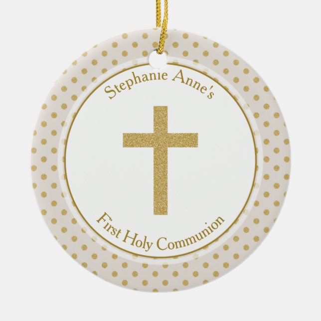 Ornement Rond En Céramique Communion beige avec Pois d'or (Devant)